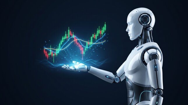 Futuristic humanoid robot displaying a fluctuating digital financial trading chart hologram with artificial intelligence stock market financial graph market trend market data