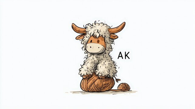 Cute cartoon baby yak sitting on a ball of yarn isolated on white background. Whimsical animal illustration for children book and alphabet design.