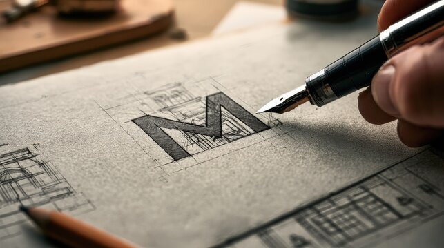 A hand uses a fountain pen to draw a conceptual letter 'M' with architectural details on blueprint paper. This image signifies design, planning, and creative industry.