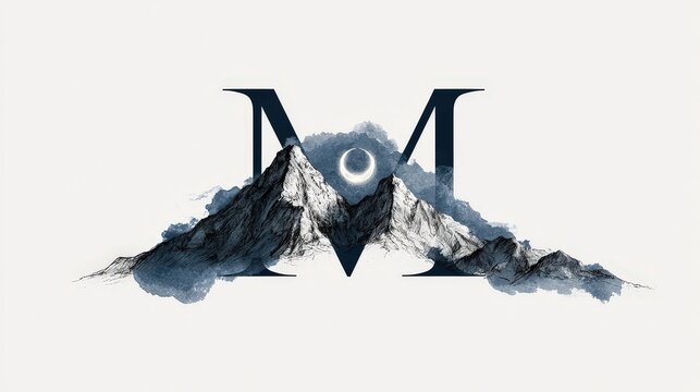 Artistic letter M monogram combined with mountain peaks and crescent moon on off white background. Conceptual logo artwork for outdoor adventure branding.