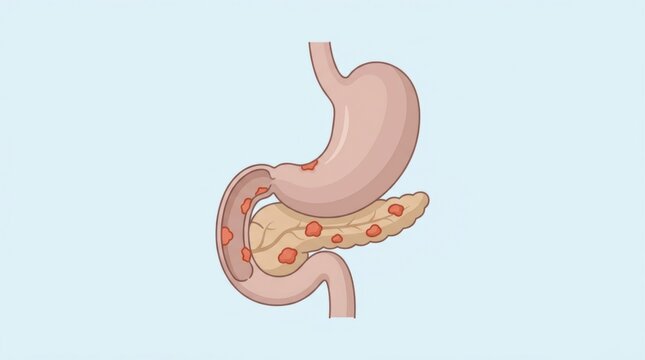Medical illustration showing the human stomach and pancreas with signs of inflammation or disease