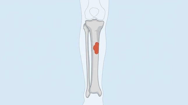 Medical illustration of a human lower leg bone showing a highlighted area of localized injury