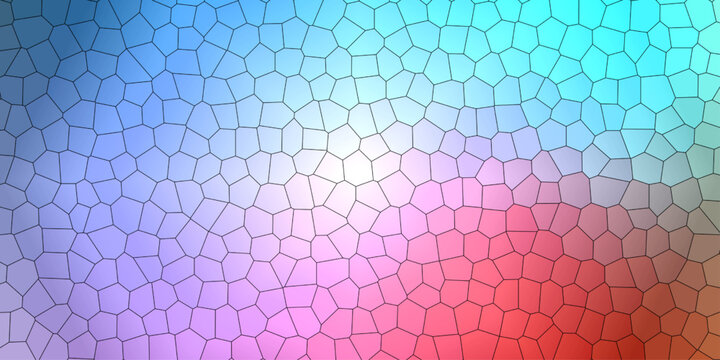 Vector Abstract mosaic background with a soft, gradient color transition from cool blues and purples to warm pinks and reds, featuring a tessellated pattern of irregular, organic shapes.