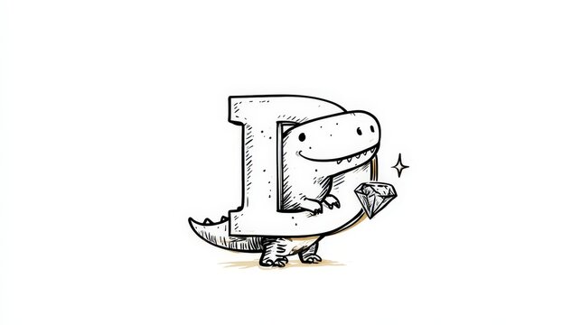 Cute hand drawn dinosaur holding diamond inside letter D, isolated on white background. Fun alphabet concept for children learning materials.