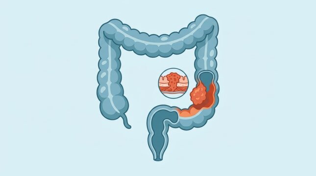 Medical illustration of human colon anatomy showing a tumor growth inside the large intestine wall