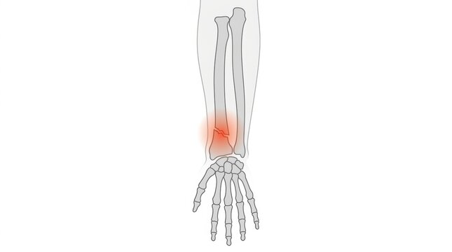 Medical illustration of a distal radius fracture showing bone damage in the human forearm anatomy