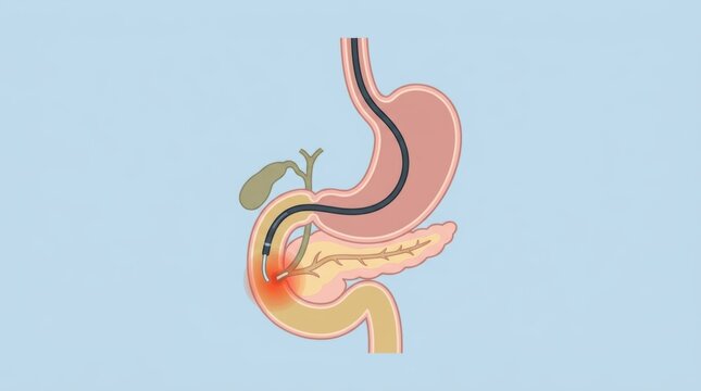 Medical illustration of an endoscopic retrograde cholangiopancreatography procedure in progress