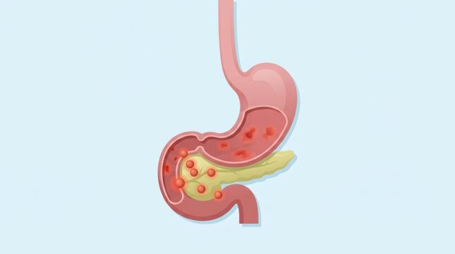 Medical illustration of human stomach and pancreas anatomy with inflammation and red lesions