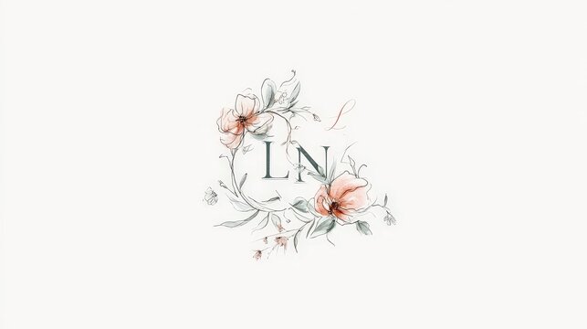 Elegant monogram logo with letters LN surrounded by delicate watercolor flowers. Perfect branding design for wedding invitations and luxury stationery.