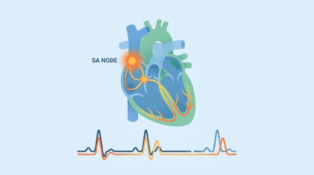 Anatomical illustration of the human heart showing the sinoatrial node and electrical conduction