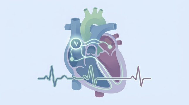 Anatomical illustration of the human heart showing electrical conduction and rhythm monitoring