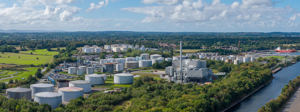 Hooton Bio Power Station near Ellesmere Port, Wirral, UK, an industrial waste-to-energy facility generating electricity from processed waste, with surrounding infrastructure and industrial development