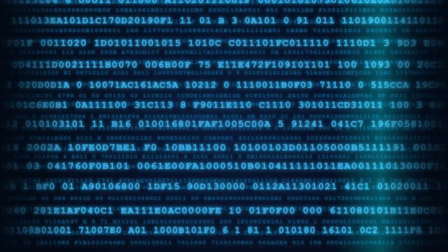 Seamless loop of digital data strings, binary code, and hex values moving horizontally across a dark high-tech cyberspace background. Features multiple depth layers, glowing data streams, and a dynami