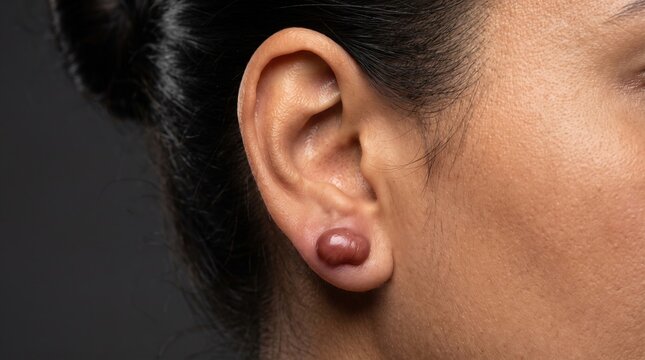 Large benign keloid scar on young woman earlobe caused by ear piercing trauma
