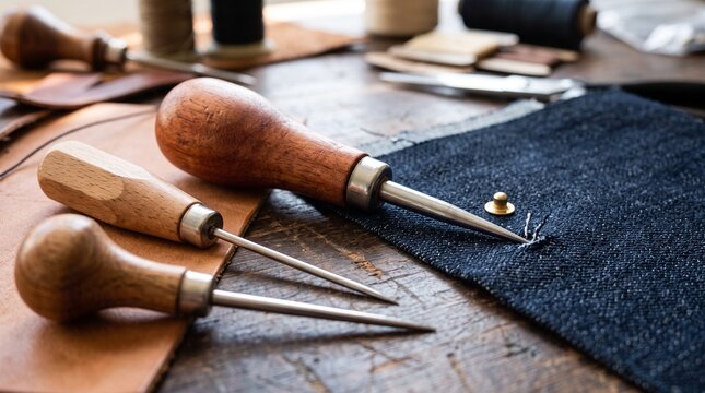 Leatherworking tools and materials on a rustic wooden workbench for handmade craft.