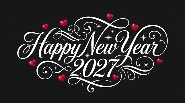 Happy new year 2027 elegant white calligraphy lettering with decorative red hearts and sparkling stars on a dark background for festive holiday greeting cards and celebration designs