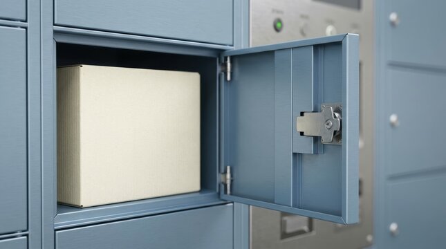 out home parcel locker collection Open blue mailbox with a parcel inside, ready for delivery or pickup.