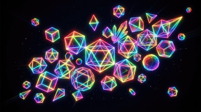 Neon glowing geometric polyhedral shapes in space