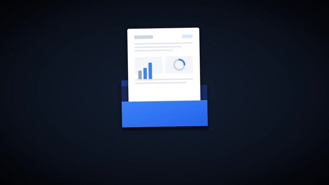 A premium 10-second seamless loop motion graphic depicting a quality control and document review process. A document smoothly slides from a sleek digital folder, is scanned by a holographic laser, ver