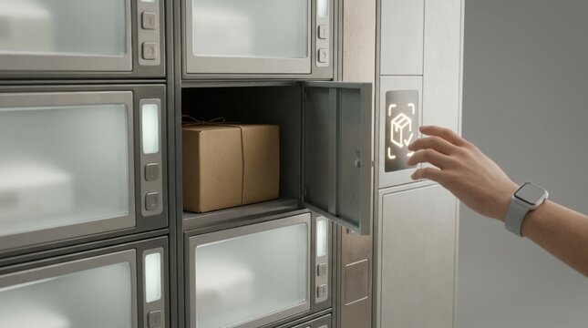 out home parcel locker collection Person retrieving a package from a secure locker with a touchscreen interface