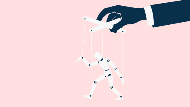 Puppet master hand controlling a wooden marionette on pink background representing corporate manipulation and micromanagement
