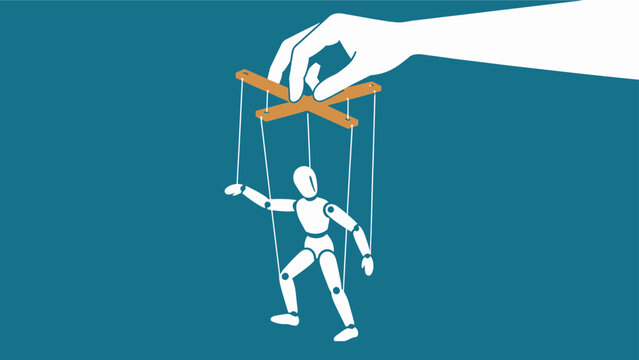 Corporate manipulation concept featuring a giant hand controlling a puppet on strings illustrating lack of autonomy and micromanagement
