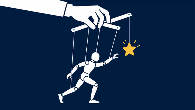 Puppet master dangling a star reward to a marionette illustrating false incentives and toxic corporate manipulation