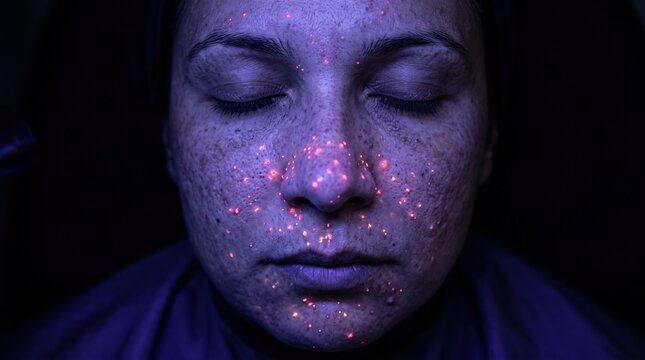 Fluorescence UV wood lamp skin analysis showing porphyria and bacterial acne clogged pores on face