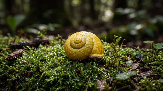 Yellow snail shell resting on mossy forest floor