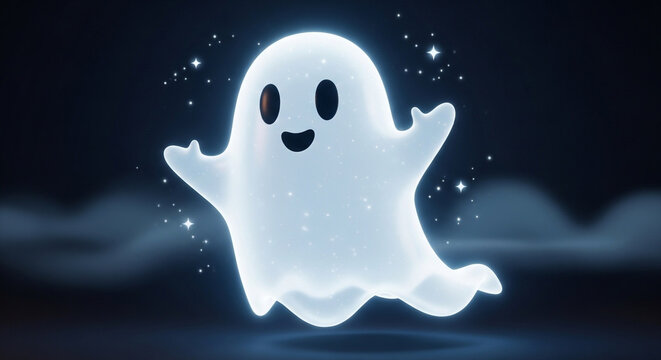 A glowing translucent ghost figure with a smiling face floats against a dark starry night sky background.