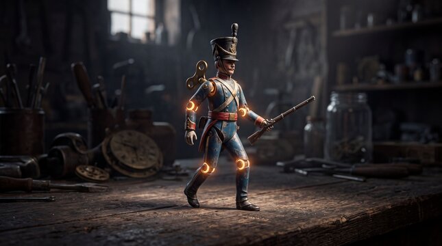 A vintage wind up toy soldier with glowing accents stands on a weathered wooden workbench wind-up