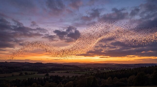 A flock of birds creates a wave like formation against a vibrant sunset and cloudy sky