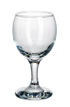 Clear glass wine glass standing on a white background without any drink inside