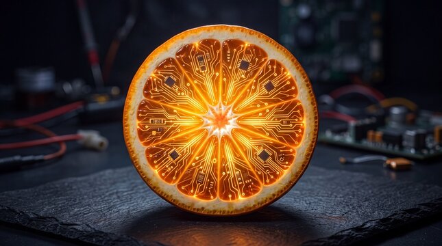 A cross section of an orange displays glowing circuitry and illuminated segments against a dark background
