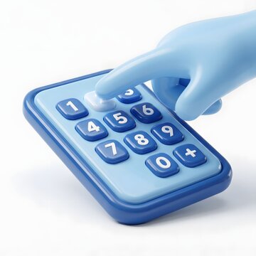 Blue hand pressing calculator buttons with numbers and symbols in a minimalist style