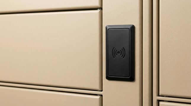 out home parcel locker collection Close-up of beige locker with black electronic access card reader on door