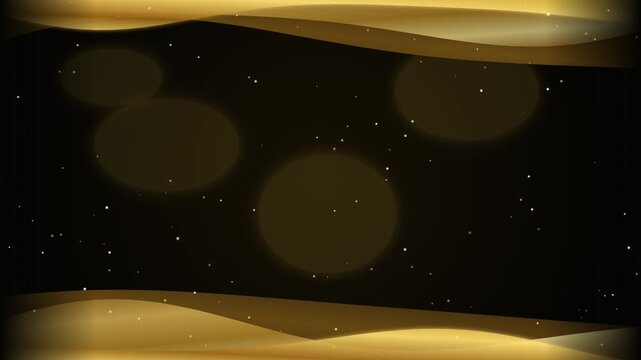 Elegant award ceremony background featuring flowing golden silk waves framing the top and bottom, with rising glowing dust particles. Seamless loop with massive dark central space for titles and text.