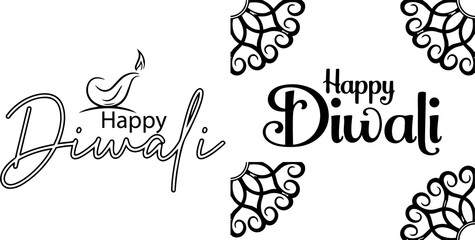 Elegant happy diwali greeting text design with traditional oil lamp and motifs © Roy