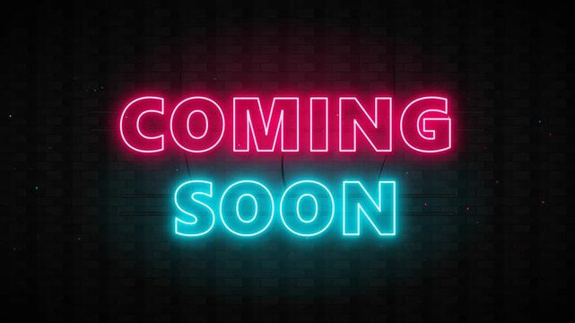 A 10-second seamless looping motion graphic of a realistic 'Coming Soon' neon sign mounted on a dark brick wall. Features dynamic flickering, glowing ambient lights, and floating dust particles for a