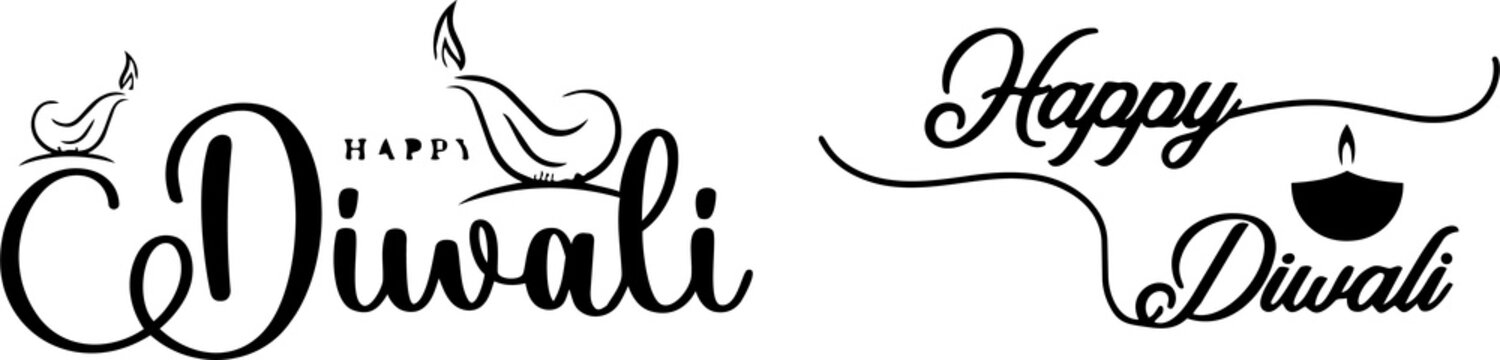 Happy diwali handwritten typography text with traditional oil lamp illustration