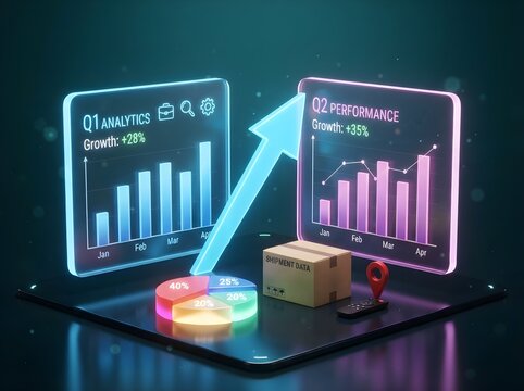 Business analytics dashboard with growth chart and shipping data on a dark teal background