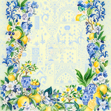 Azure Lemon Garden Chinoiserie Floral Border Design
