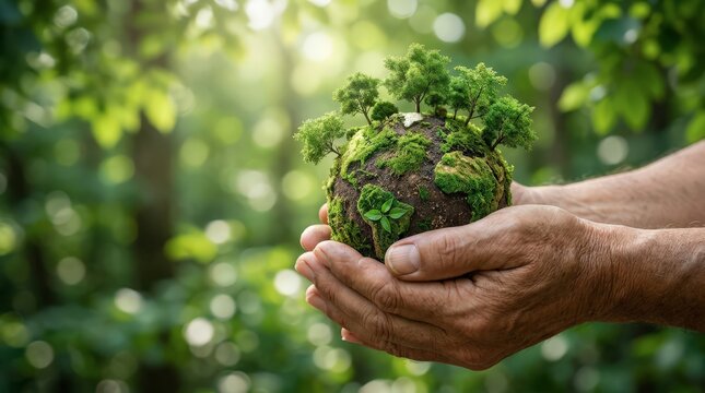 Miniature globe covered in moss and tiny trees held gently by human hands symbolizing planetary care.