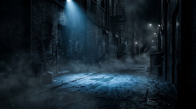 Cinematic wide angle shot of a dark moody urban alleyway at night with fog and blue light