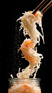 Fermented cabbage lifted from a glass jar using wooden tongs, featuring glossy strands, suspended brine droplets, rich texture, probiotic nutrition concept, dramatic dark background.