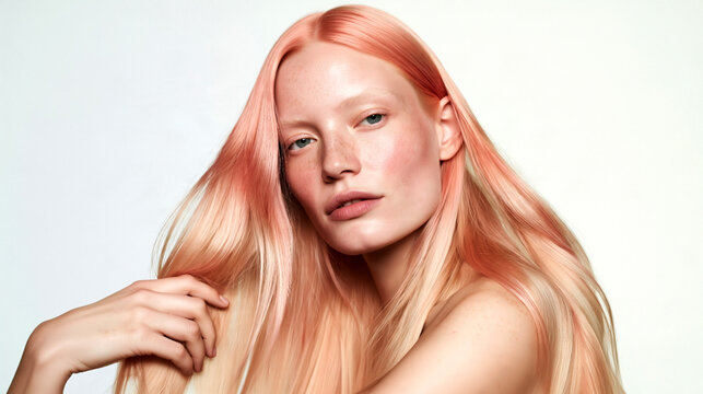 Pink toned hair with silky hydrated texture and luminous shine, showcasing modern hair coloring, moisture care, healthy softness and trendy pastel beauty aesthetic.