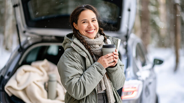 Woman enjoying warm drink beside car after winter hike, snowy forest getaway featuring cozy outdoor lifestyle, weekend travel, gentle snowfall, thermos, blanket, relaxed adventure mood.