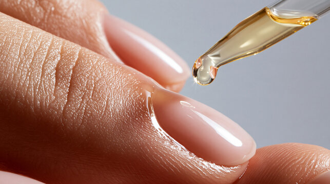 Cuticle oil treatment targeting dry skin around a natural nail, showing a golden conditioning droplet adding moisture, softness and smoothness for healthy nail care.