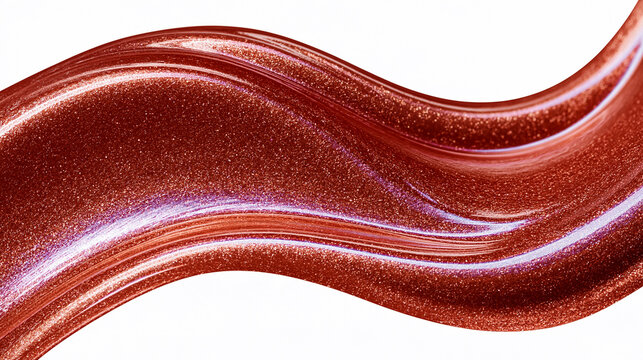 Rose gold cosmetic shimmer flowing into a glossy sculptural wave, featuring luminous metallic pigment, fine sparkle, reflective highlights, rich color, fluid texture, luxury beauty aesthetic.