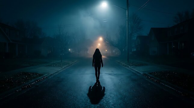 Lone silhouette walking down a foggy suburban street at night under streetlights